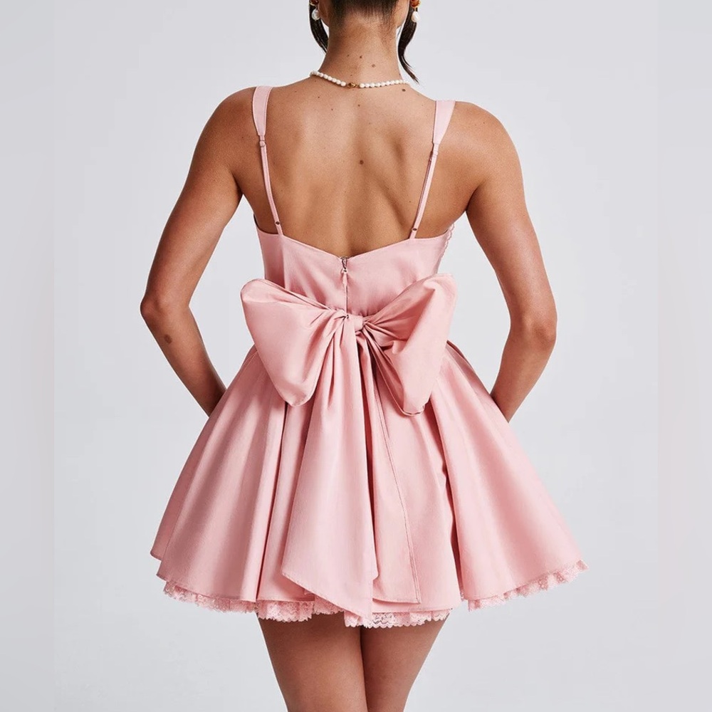 Pink Bow-Back Corset Mini Dress – Elegant Fit & Flare Party Dress
